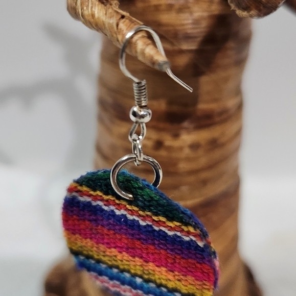 Rainbow Pride Fabric Round Circle Drop Dangle Silver Fish Hook Earrings - Picture 7 of 8